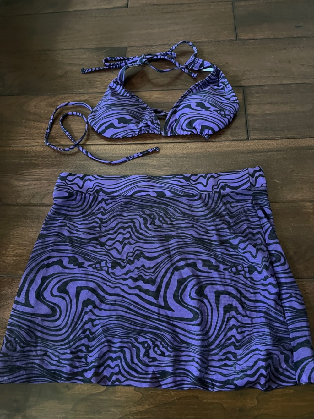 Purple & Black Swirl Bikini Top and Skirt Set